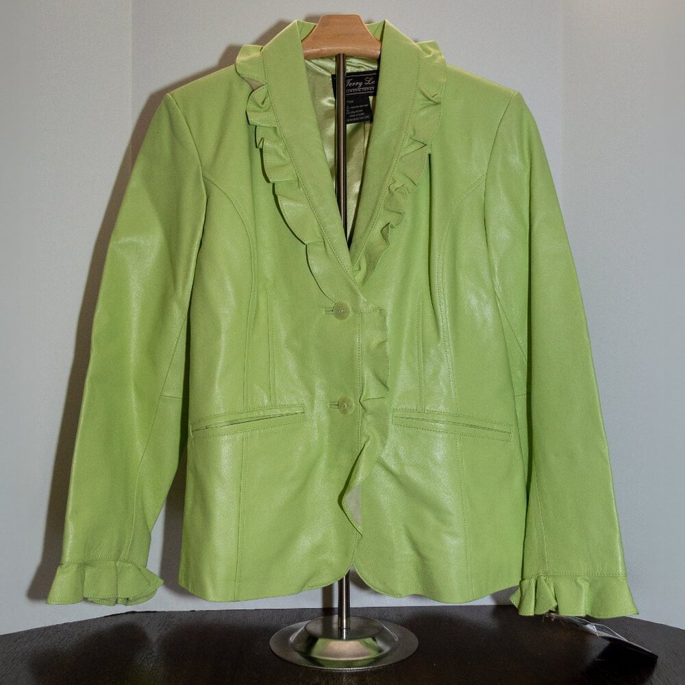 NWT Vintage Terry Lewis Genuine Leather Ruffle Blazer Green Women’s M